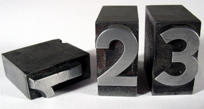 Image, printer's block of the digits 1, 2, and 3