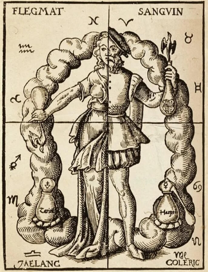 Woodcut showing the four humours and the areas of the body they govern from Leonhard Thurneysser's 'Quinta Essentia,' Leipzig, 1574.