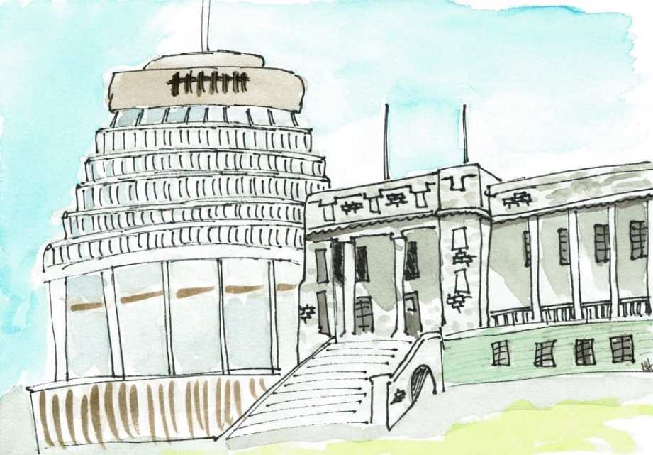 Watercolour illustration of New Zealand Parliament buildings.