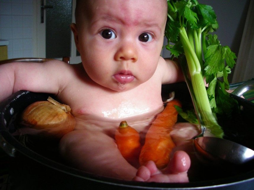 Image: Baby in a soup pot.