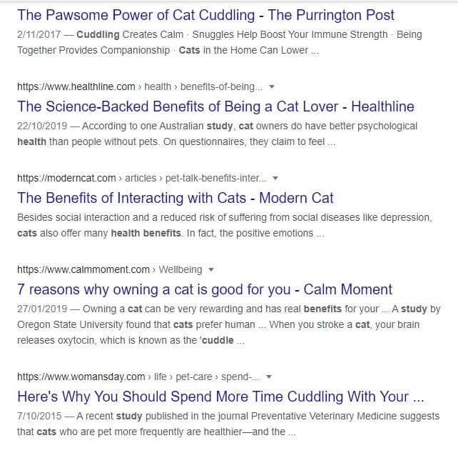 Screencap of the search results for 'benefits of cuddling cats'