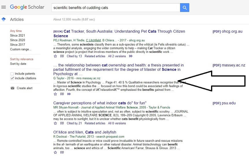 Screencap of a Google Scholar search of 'the scientific benefits of owning a cat'