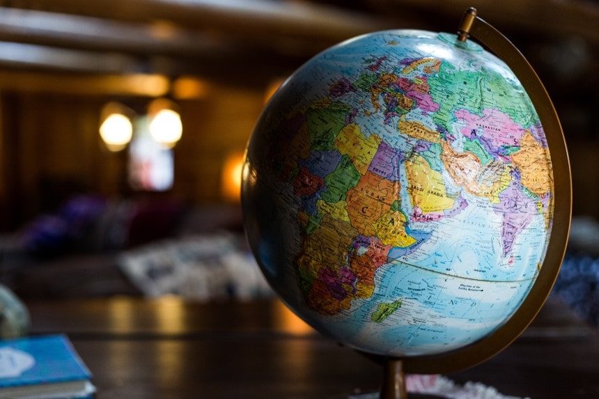 Close-up of a globe on a desk, showing Africa, Europe, and part of Asia.