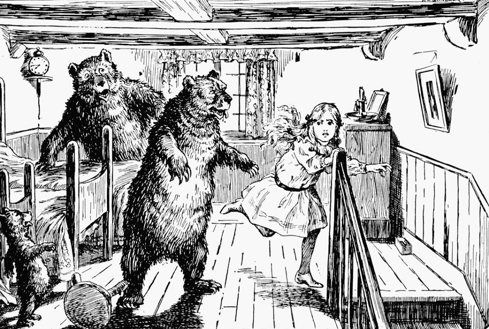 Image, Line drawing of Goldilocks and the three bears.