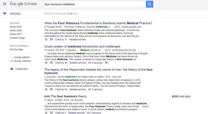 Screencap of the Google Scholar search for 'four humours medicine'