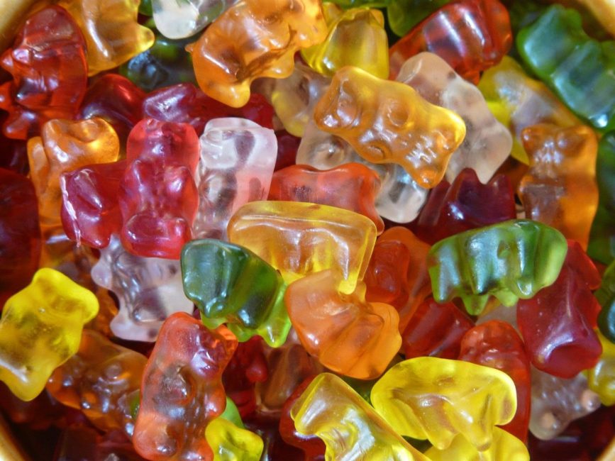 Multi-coloured gummy bear sweets.