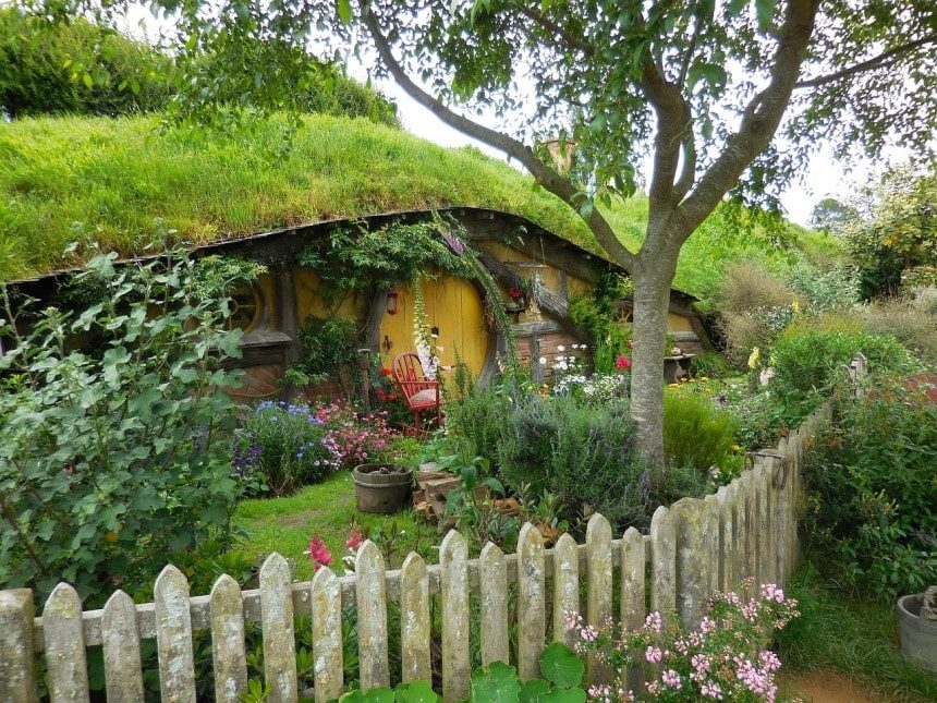 Mildewy white picket fence around a Hobbit’s house (Samwise Gamgee’s house).