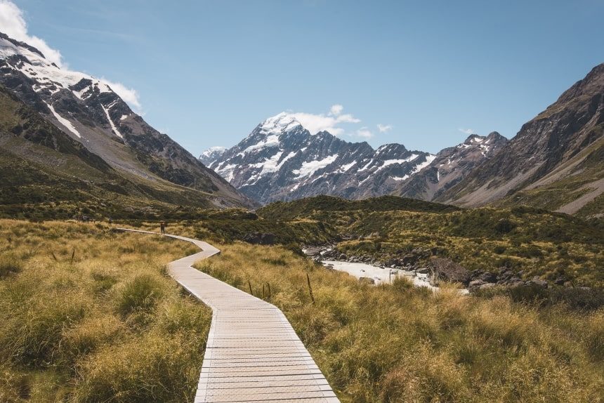 A wooden pathway in the Aoraki National Park, NZ.