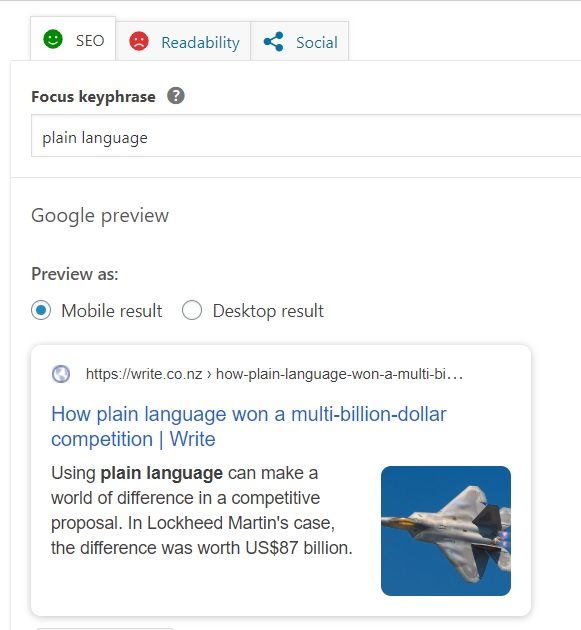 Image, keyphrase window in the back end of a WordPress website