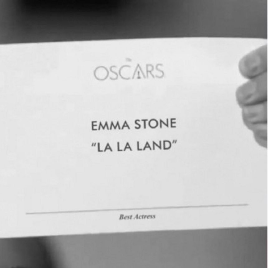 Image, card from 2017 Oscars with Emma Stone's nomination for her performance in La La Land