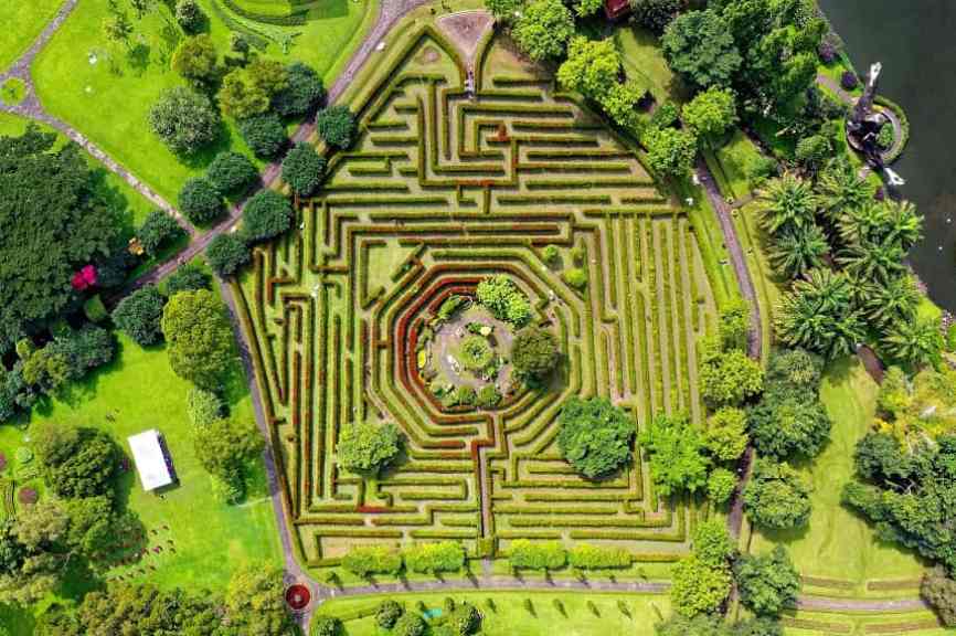 Image, Aerial view of a garden maze in Sukaresmi, Indonesia.