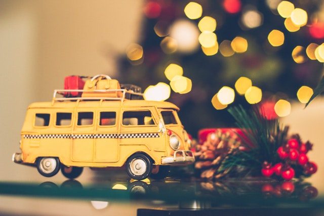 Image, Yellow combi van with Christmas decorations.
