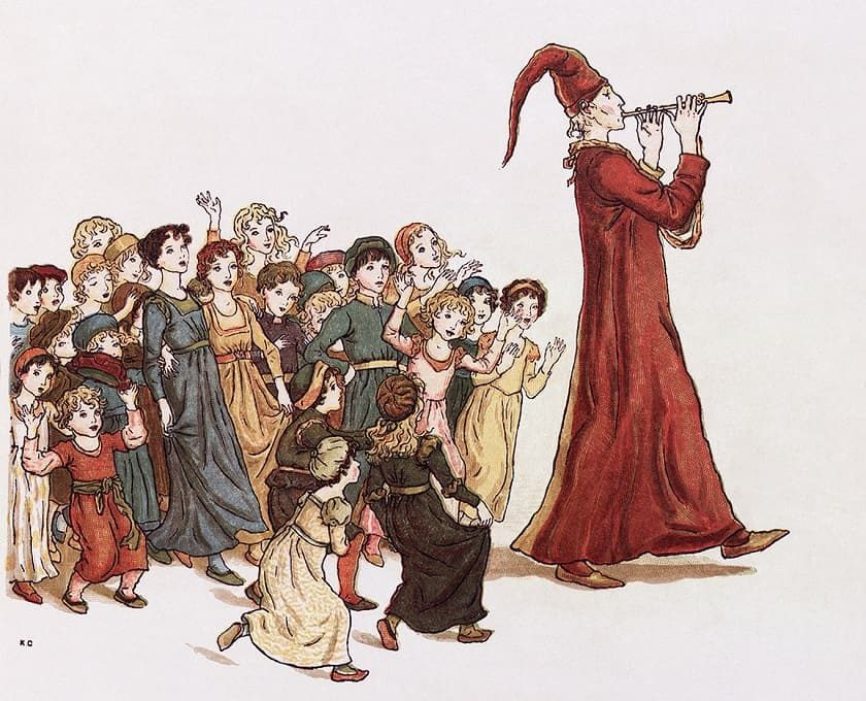 Pied piper attracts children with his music.