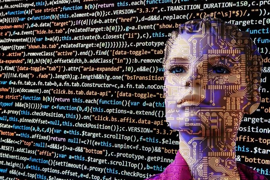 Image, a female robot face overlaid onto a background of python script