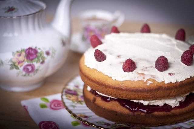 Image, Teapot, tea cup, and Victoria sponge cake.