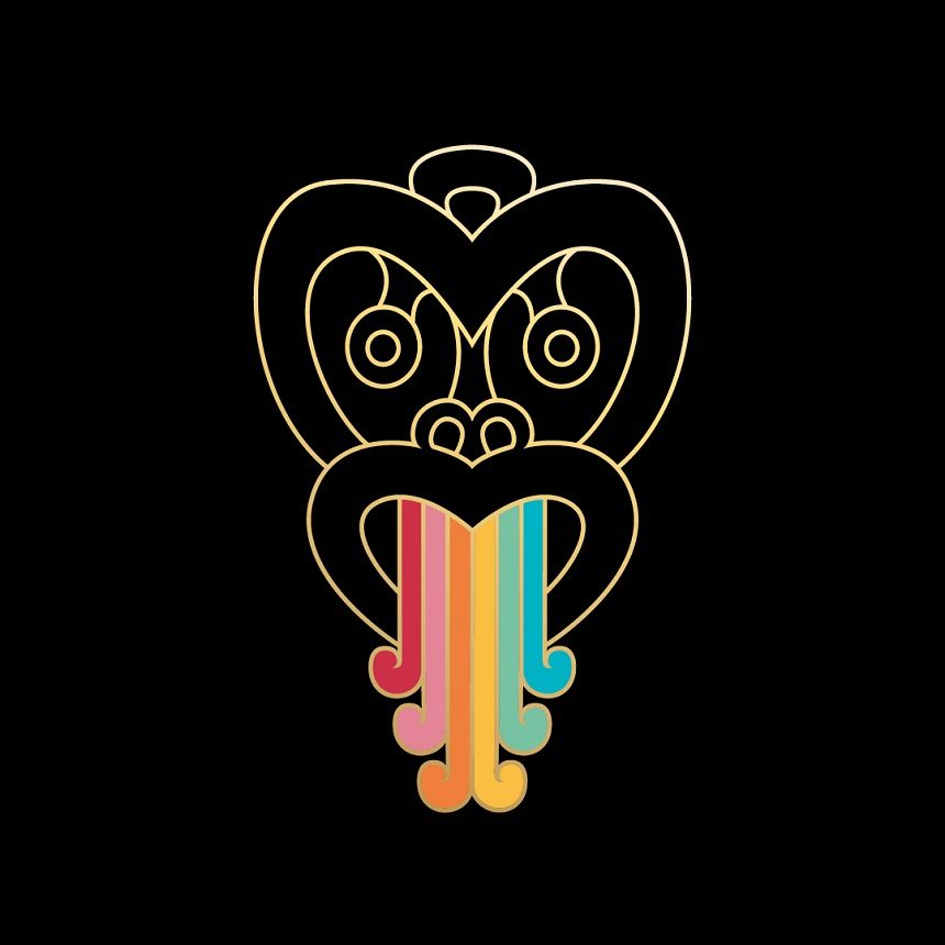 Image, tiki face with a rainbow pukana