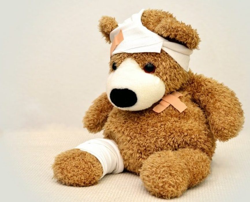 Image, teddy bear with bandages.