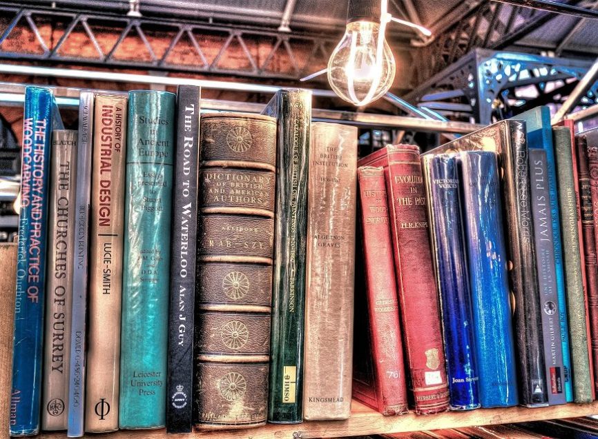 Image, Old books on a shelf, with titles in title case and all caps.