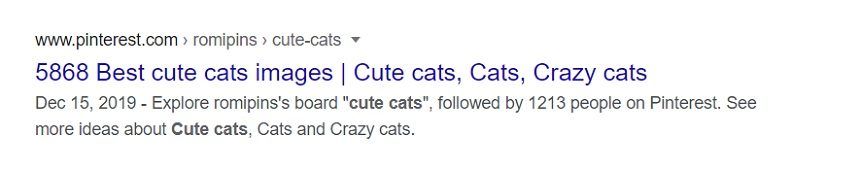 Image, title tag on the front page of a Google search for 'cute cats'
