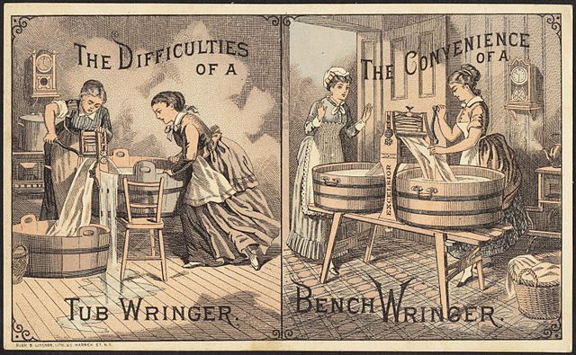 Image, 17th-century women comparing a tub wringer, with the laundry tub on the floor, and a bench wringer that has everything on a table.