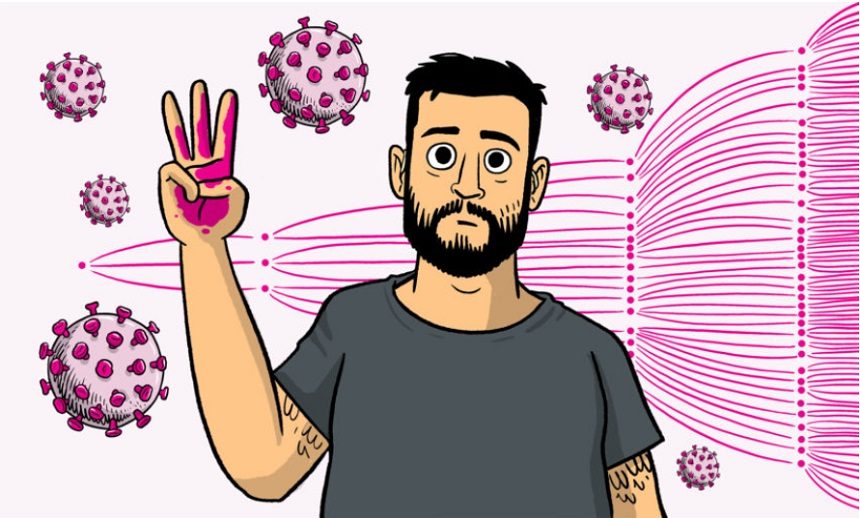 Image of a person with dye on their hand to represent COVID-19 infection