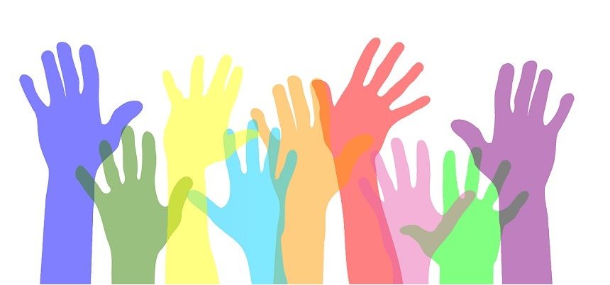 Image, multicoloured silhouettes of hands on a white background