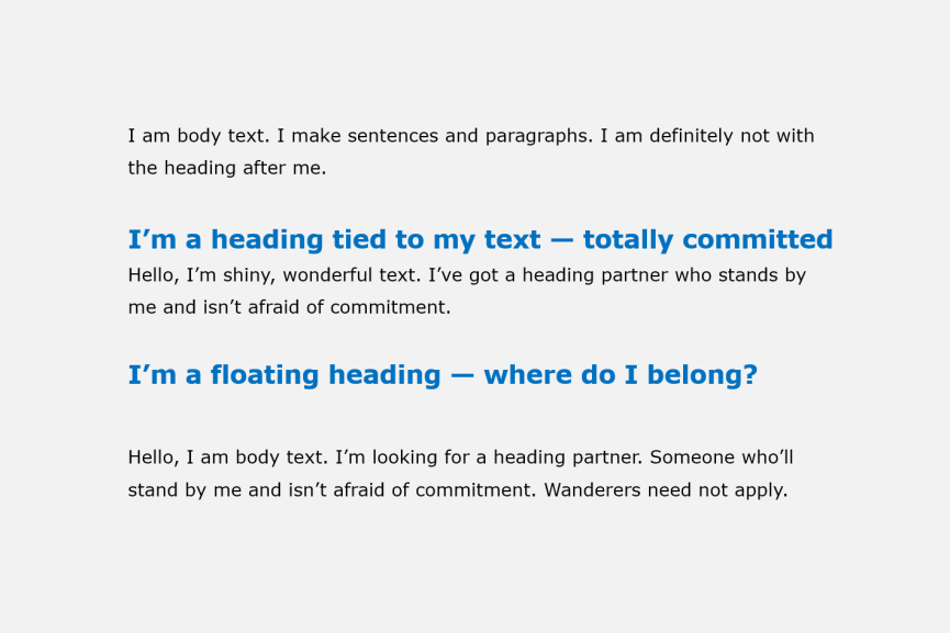Image, examples of tied and floating headings.