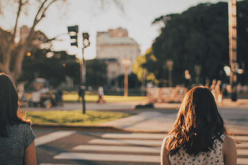 Women at pedestrian crossing in Buenos Aires, Argentina