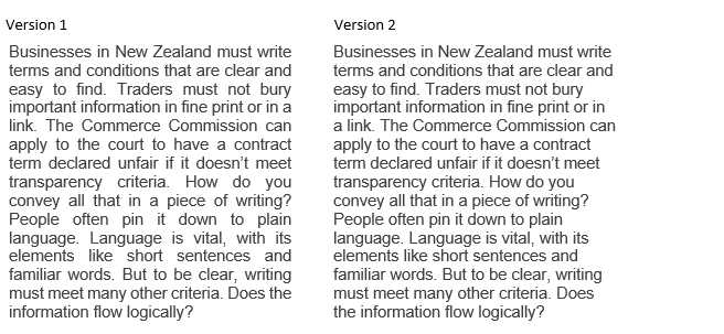 Image, Two layout versions of a paragraph. Version 1 uses justified text. Version 2 uses ragged right margin.