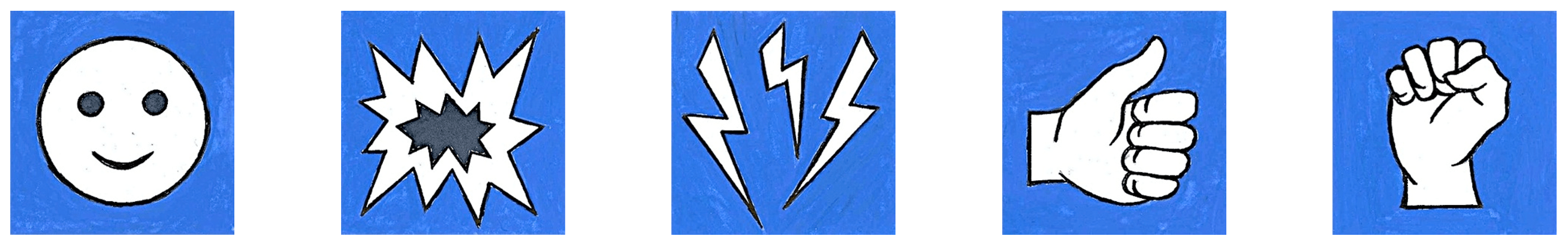Image, banner of animated icons of a face, an explosion, some lightning bolts, a thumbs up, and a closed fist