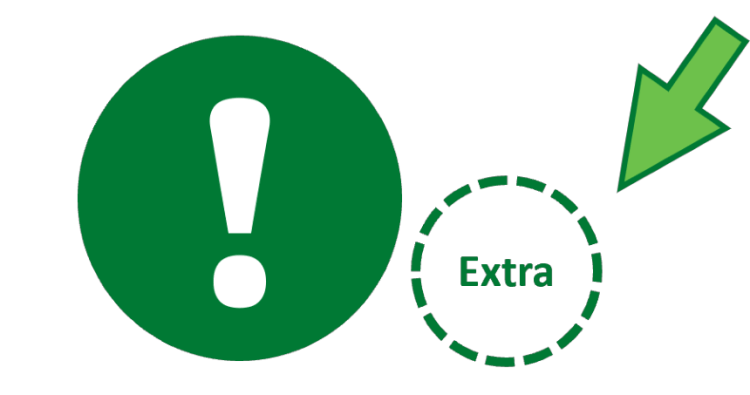 An exclamation mark in a big bold circle, suggesting that something is important. A smaller circle next to the big circle is labelled ‘extra’. An arrow points to the smaller circle.