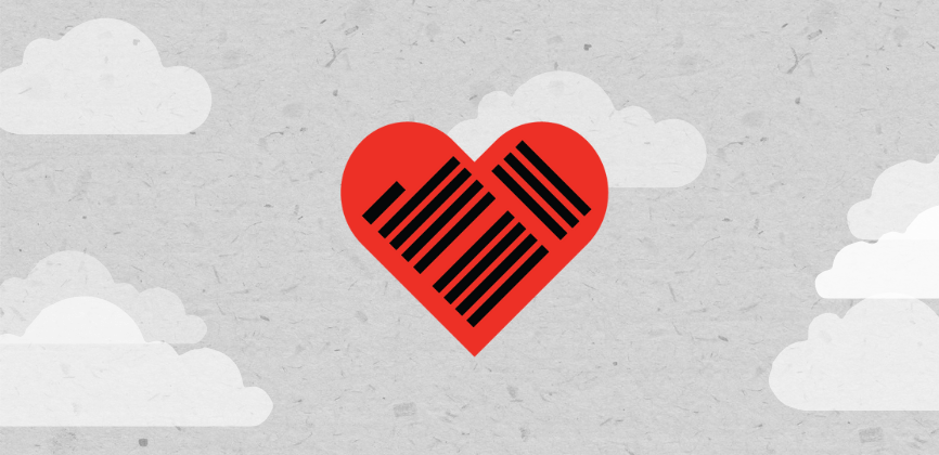 A red heart with black lines inside it, representing lines of text. On a grey textured background with clouds. 