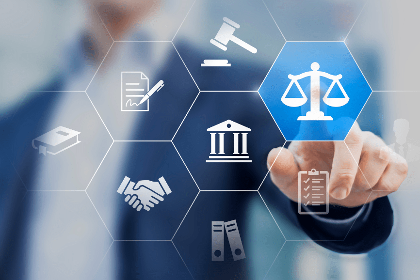 Lawyer clicking a legal scales icon on a screen.