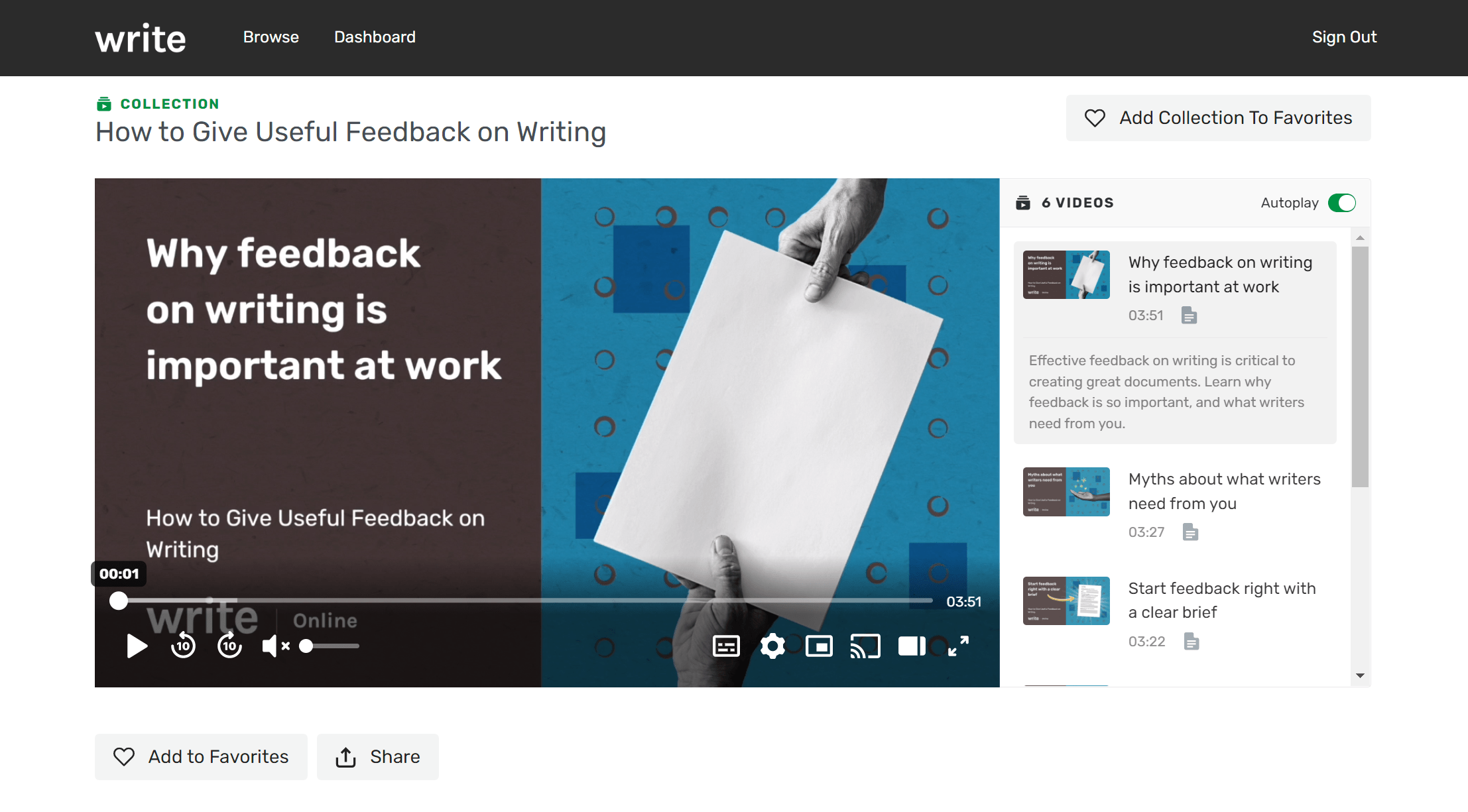 A screenshot of Write Online, showing what viewing one of the videos looks like