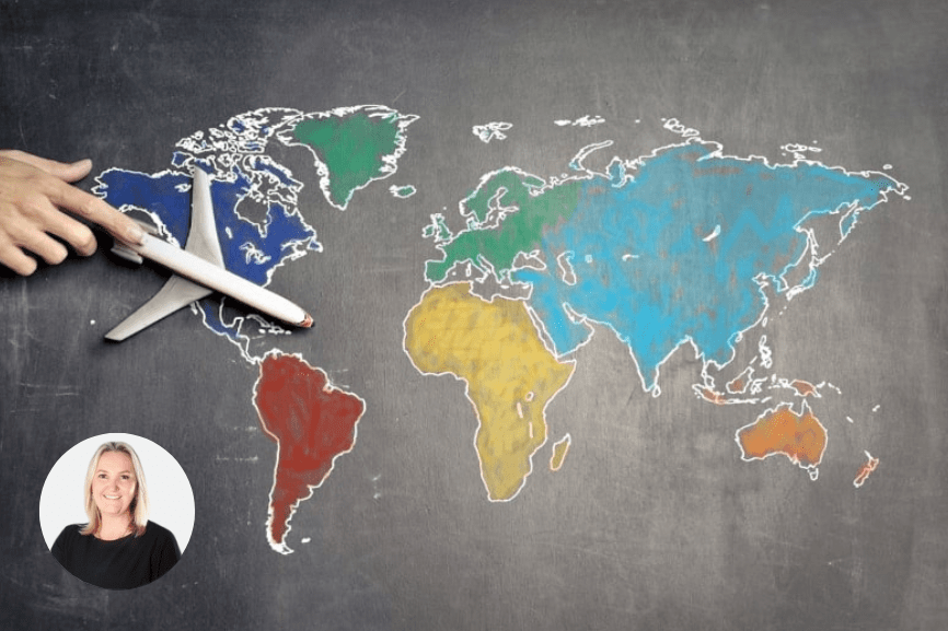 Person with toy airplane on world map and a small icon picture of Julia.